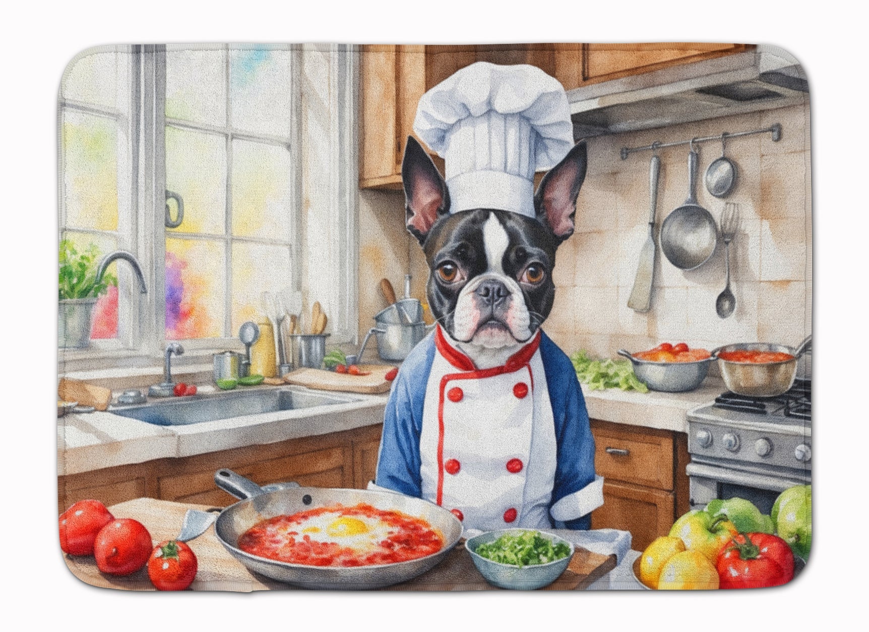 Boston Terrier The Chef Memory Foam Kitchen Mat Machine Washable Anti-Fatigue Cushion Comfort Bath or Kitchen Rug