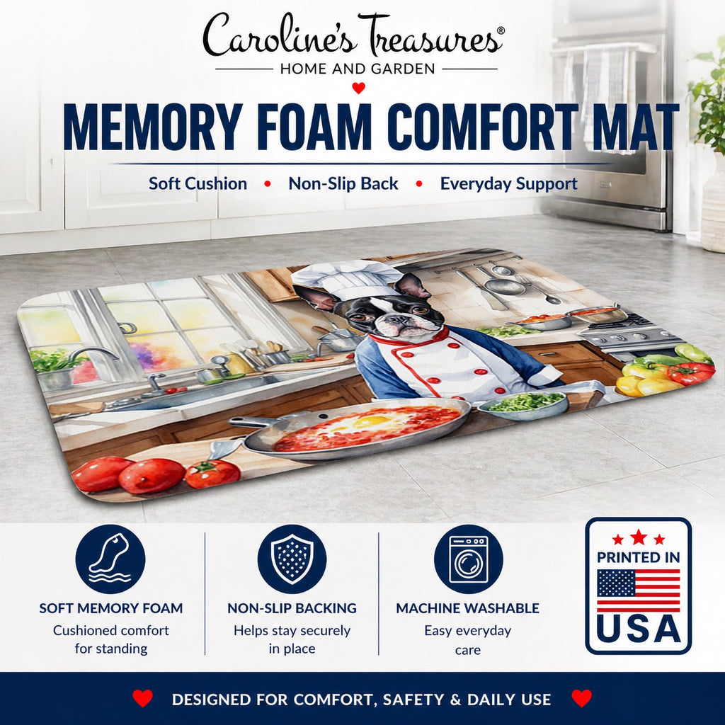 Boston Terrier The Chef Memory Foam Kitchen Mat Machine Washable Anti-Fatigue Cushion Comfort Bath or Kitchen Rug