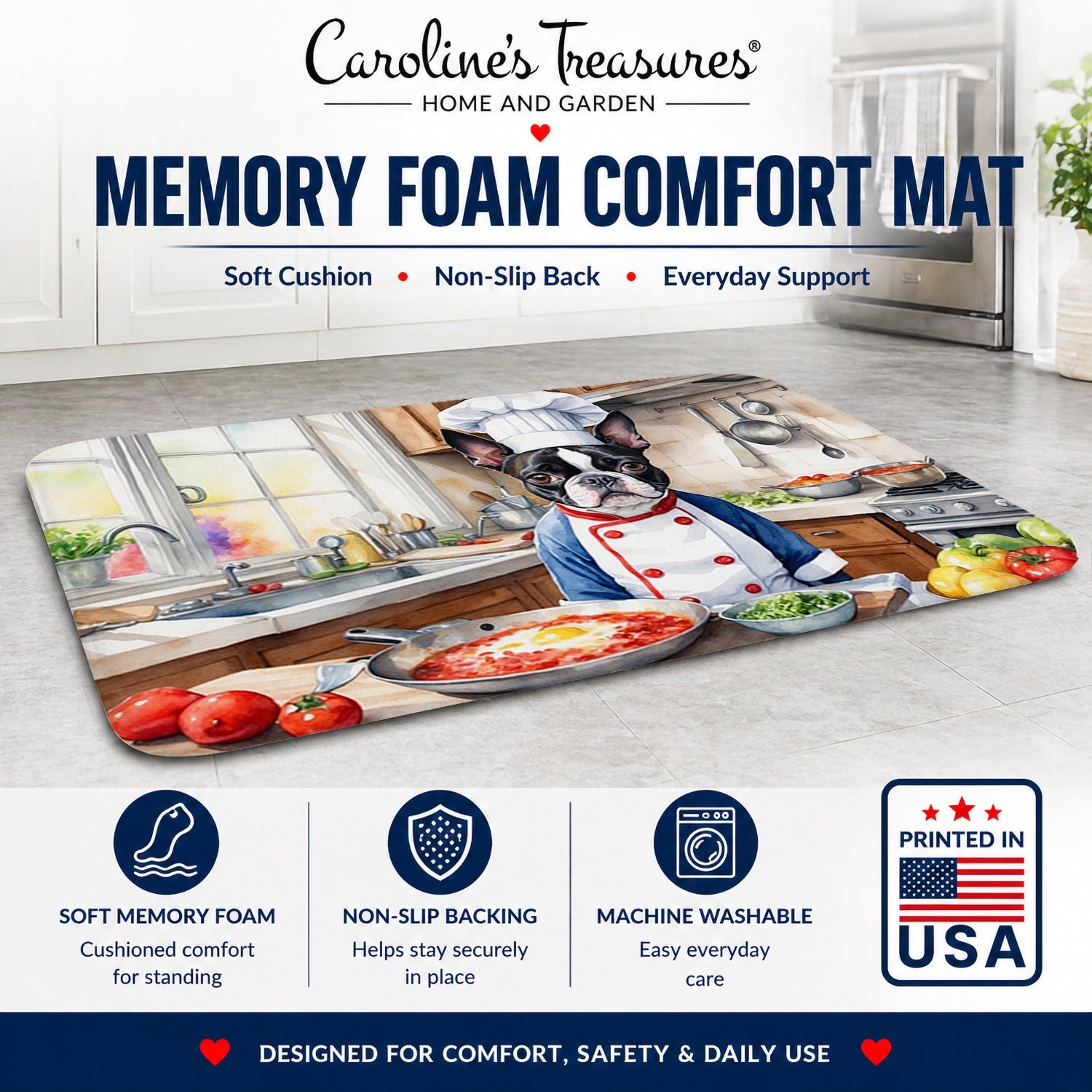 Boston Terrier The Chef Memory Foam Kitchen Mat Machine Washable Anti-Fatigue Cushion Comfort Bath or Kitchen Rug