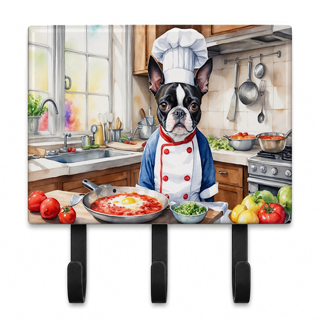 Boston Terrier The Chef Leash or Key Holder Wall Hooks, Coat Rack Wall Mount, for Hanging Keys, Towels, Aprons, Leashes
