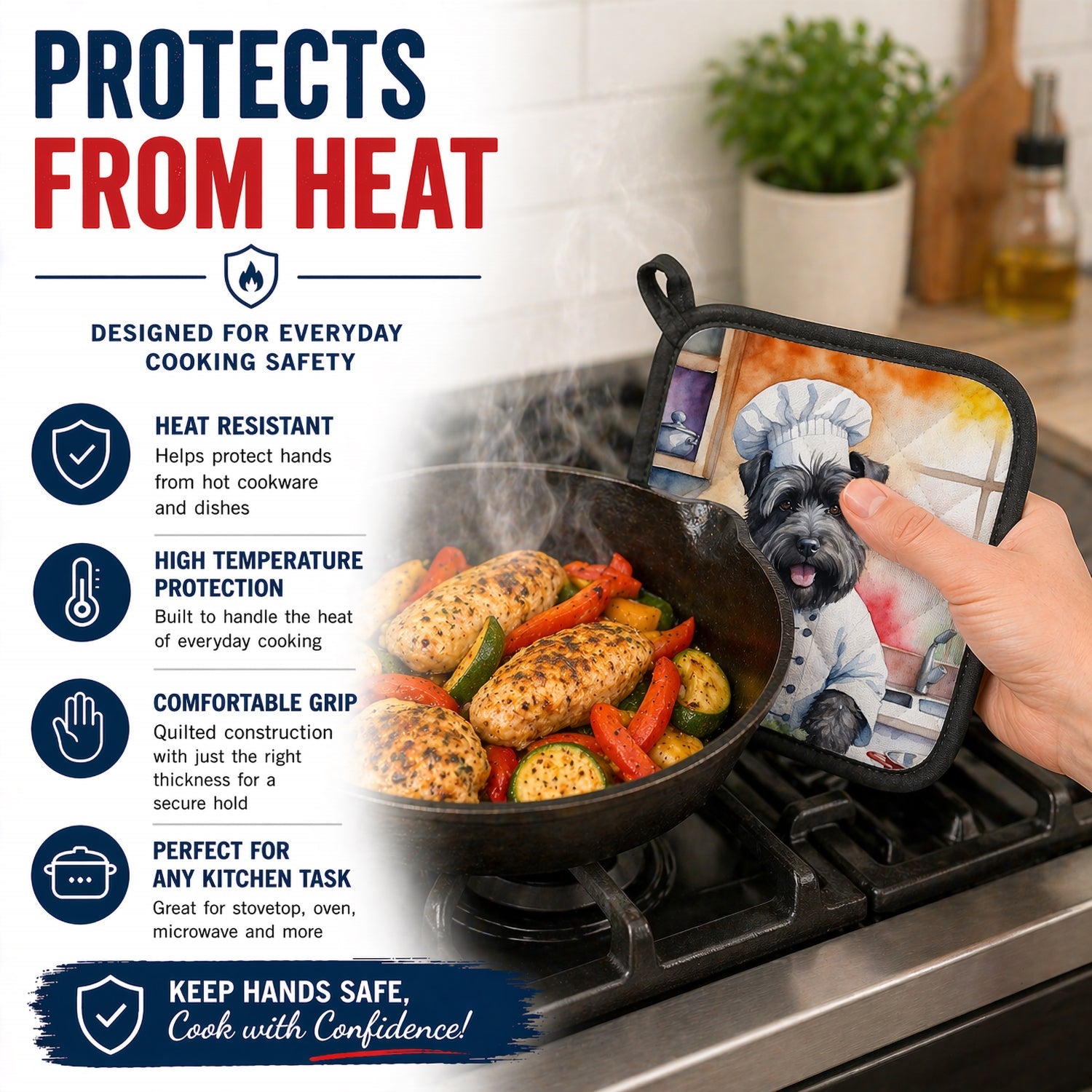 Bouvier des Flandres The Chef Pot Holder Set of 2 Heat Resistant Quilted Hot Pads 7.5 x 7.5 Inch, Insulated Kitchen Trivets for Cooking & Baking