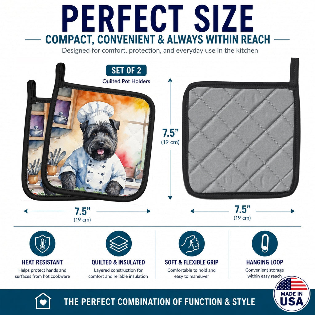 Bouvier des Flandres The Chef Pot Holder Set of 2 Heat Resistant Quilted Hot Pads 7.5 x 7.5 Inch, Insulated Kitchen Trivets for Cooking & Baking