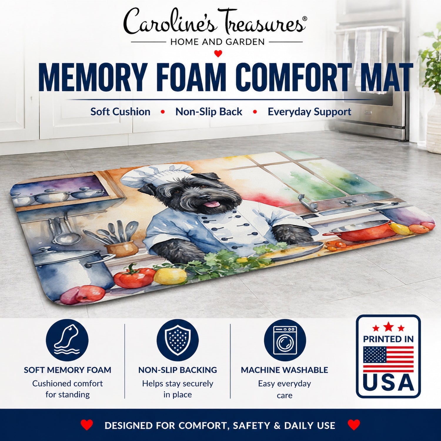 Bouvier des Flandres The Chef Memory Foam Kitchen Mat Machine Washable Anti-Fatigue Cushion Comfort Bath or Kitchen Rug