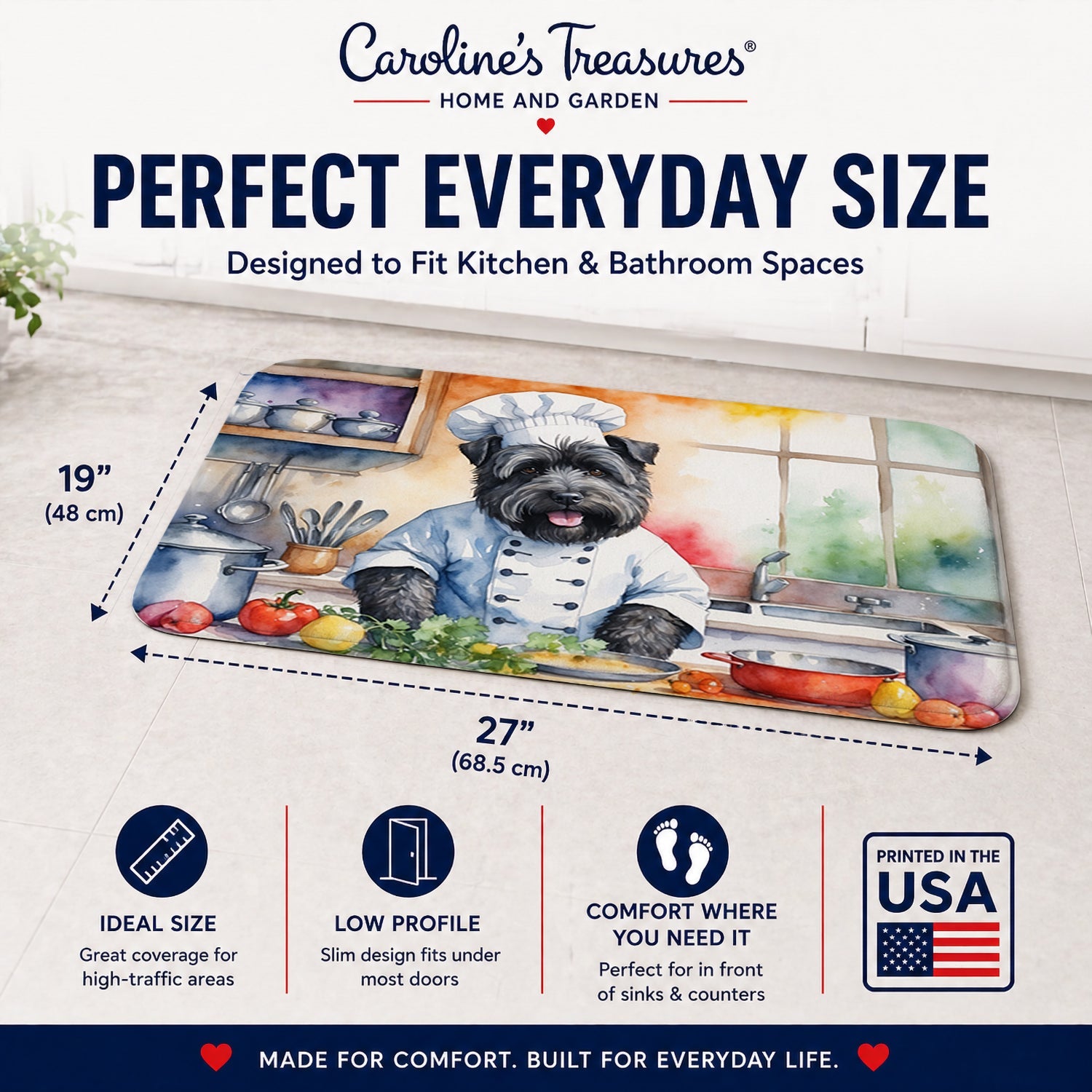 Bouvier des Flandres The Chef Memory Foam Kitchen Mat Machine Washable Anti-Fatigue Cushion Comfort Bath or Kitchen Rug