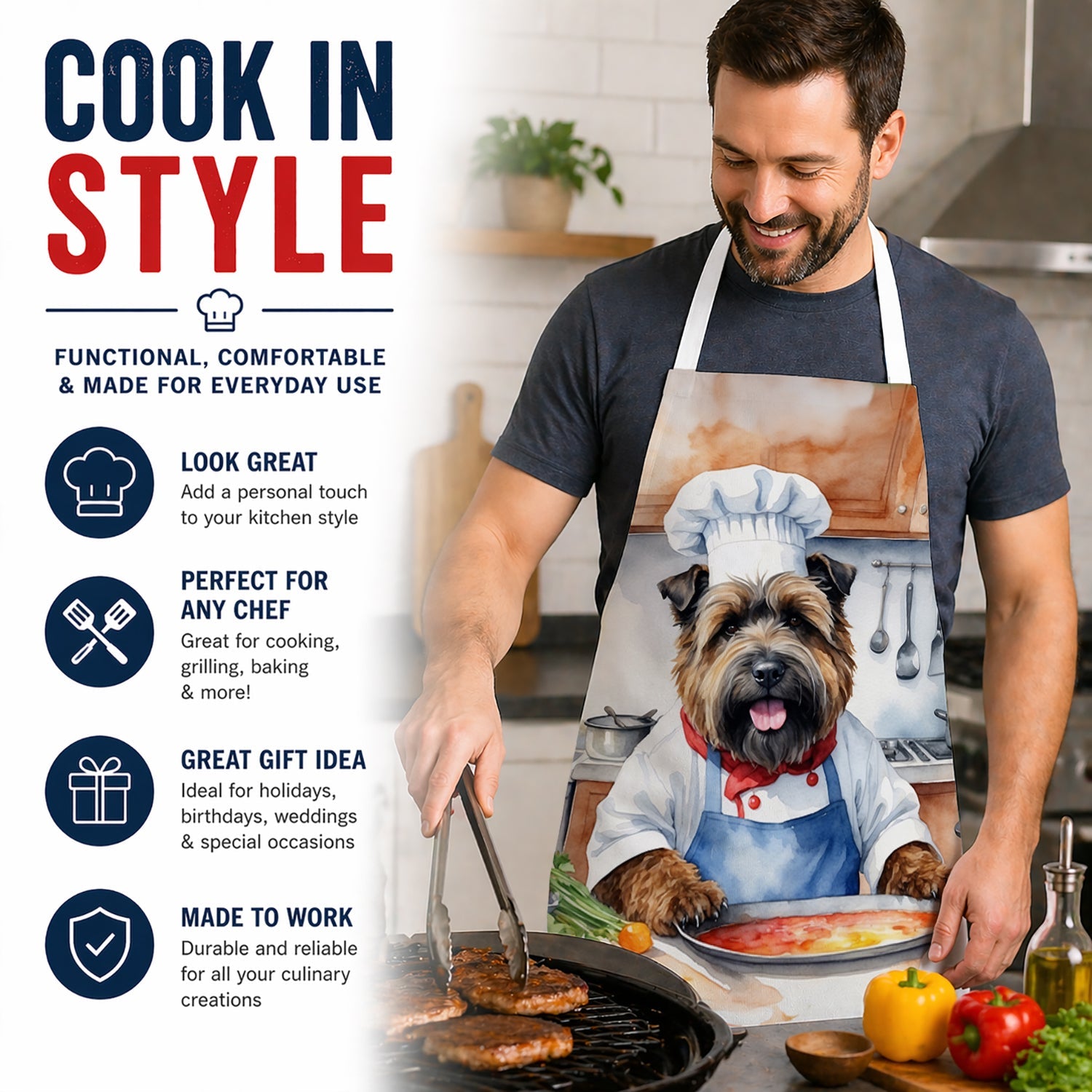 Bouvier des Flandres The Chef Apron Cooking Kitchen Server Baking Crafts Gardening for Adult Women Men, Unisex, Large, Multicolor