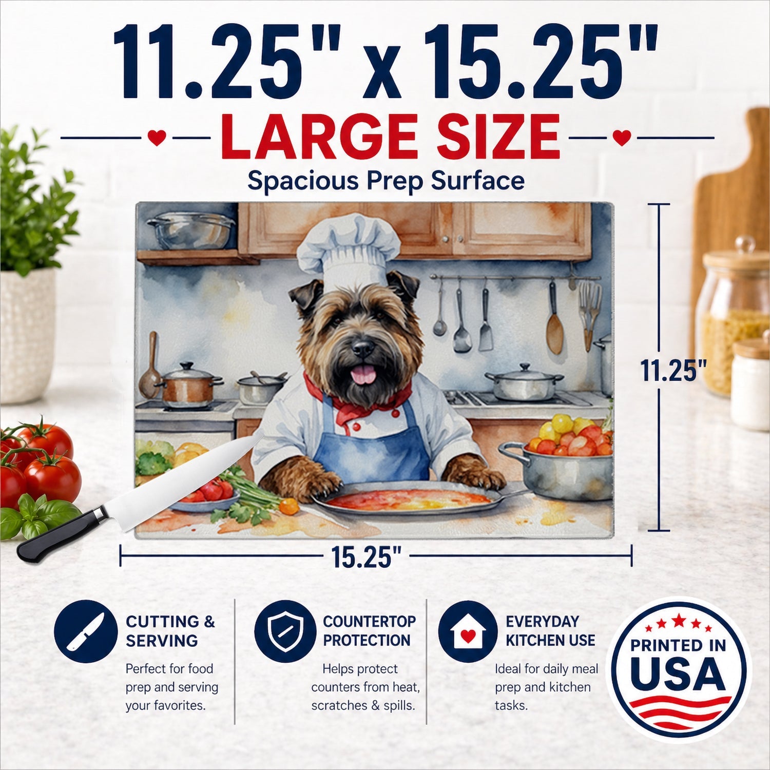 Bouvier des Flandres The Chef Cutting Board Tempered Glass Kitchen Cutting Surface, Heat Resistant Chopping, Non-Slip Feet, Food Prep & Serving