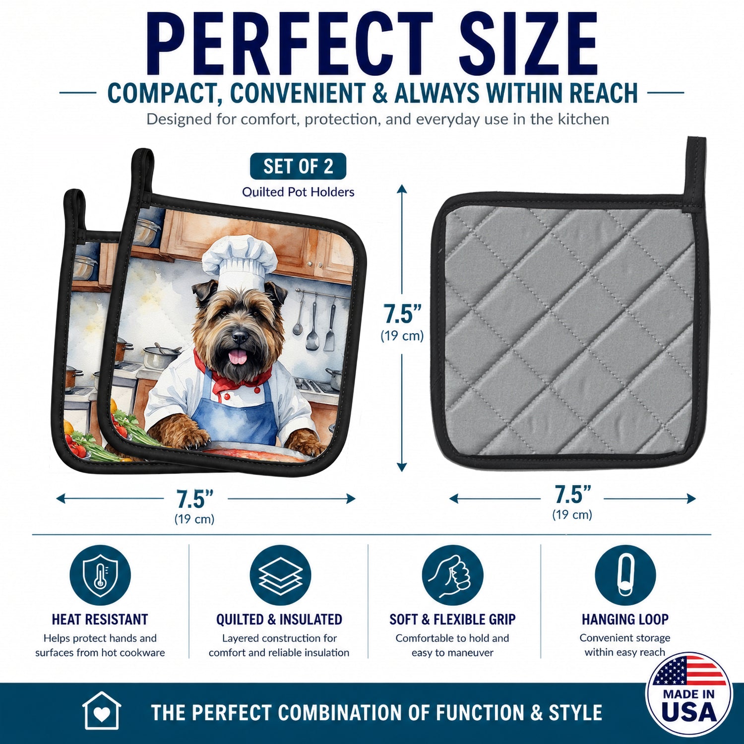 Bouvier des Flandres The Chef Pot Holder Set of 2 Heat Resistant Quilted Hot Pads 7.5 x 7.5 Inch, Insulated Kitchen Trivets for Cooking & Baking