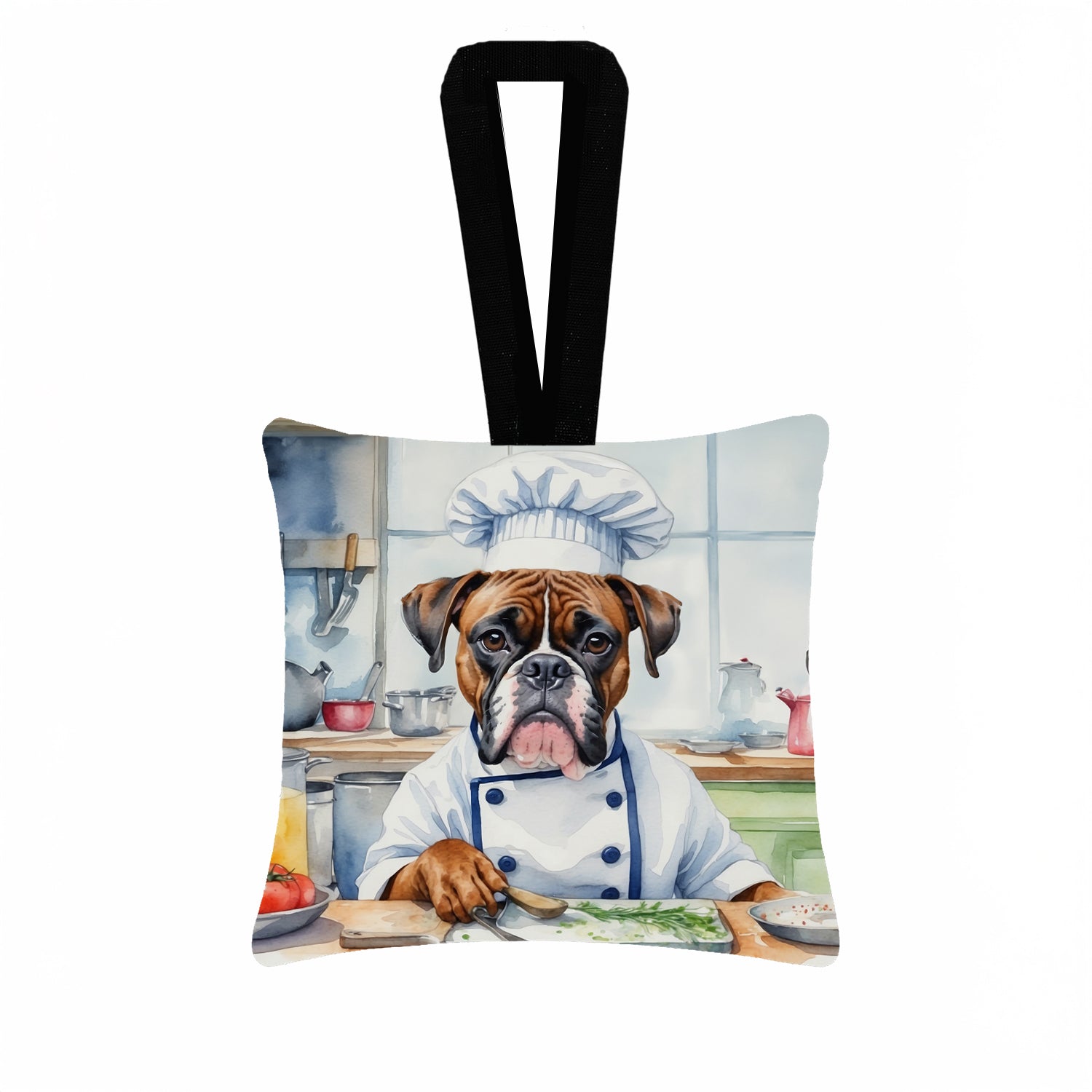 Boxer The Chef Hanging Square Fabric Ornament 3.5 × 3.5 Decorative Door-Knob & Tree Hanger, Soft Fabric