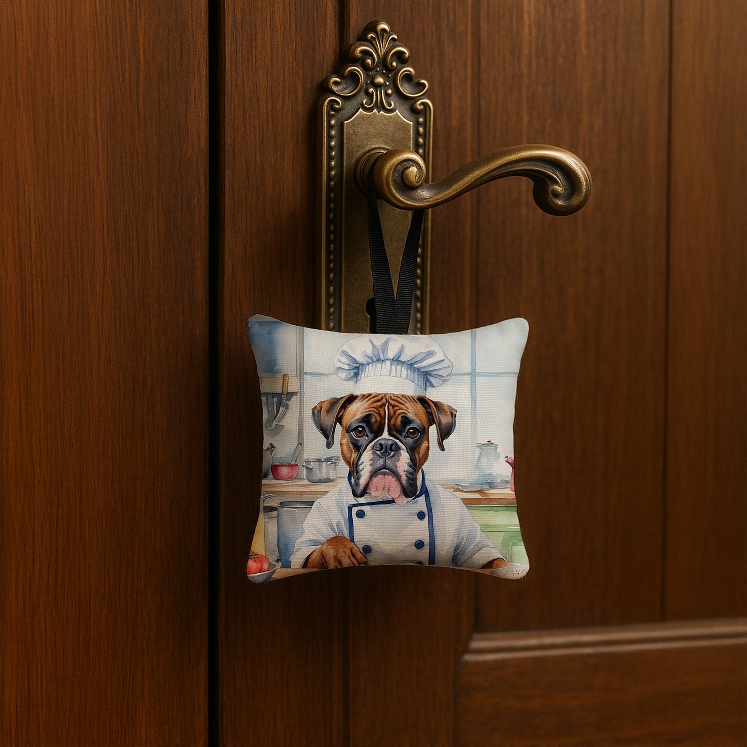 Boxer The Chef Hanging Square Fabric Ornament 3.5 × 3.5 Decorative Door-Knob & Tree Hanger, Soft Fabric