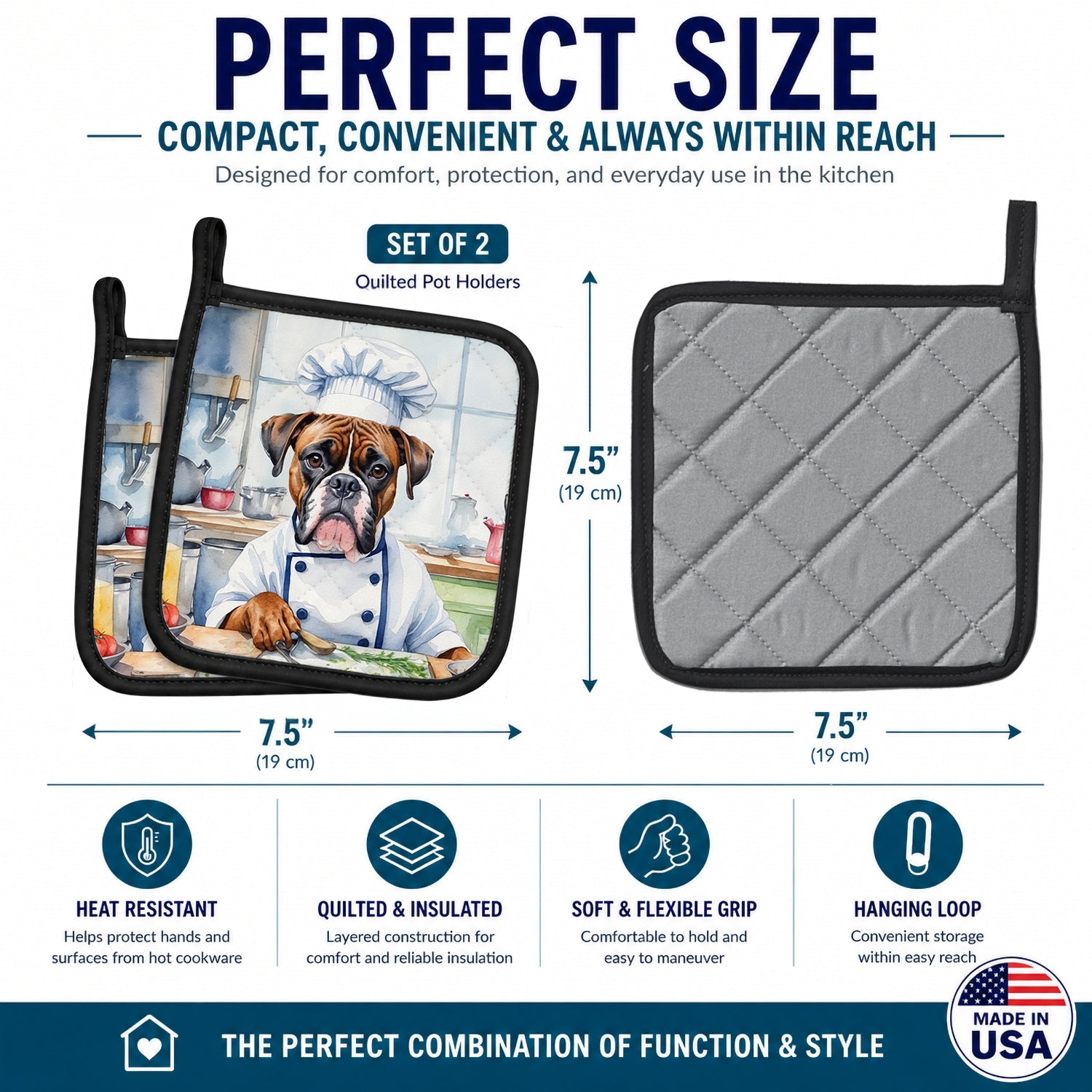 Boxer The Chef Pot Holder Set of 2 Heat Resistant Quilted Hot Pads 7.5 x 7.5 Inch, Insulated Kitchen Trivets for Cooking & Baking