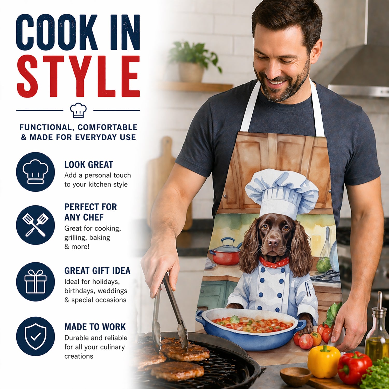 Boykin Spaniel The Chef Apron Cooking Kitchen Server Baking Crafts Gardening for Adult Women Men, Unisex, Large, Multicolor