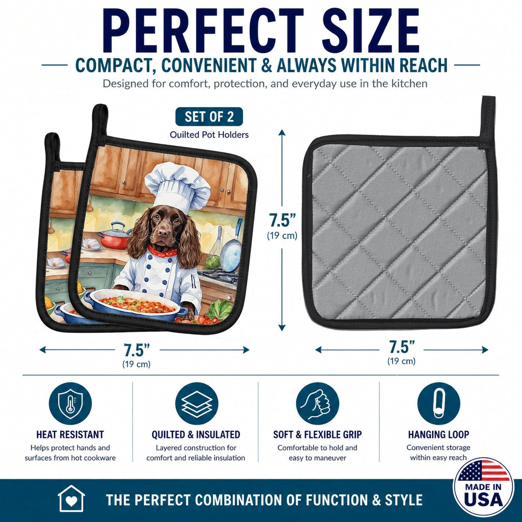 Boykin Spaniel The Chef Pot Holder Set of 2 Heat Resistant Quilted Hot Pads 7.5 x 7.5 Inch, Insulated Kitchen Trivets for Cooking & Baking