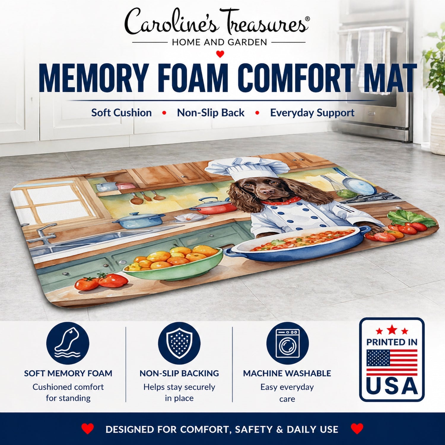 Boykin Spaniel The Chef Memory Foam Kitchen Mat Machine Washable Anti-Fatigue Cushion Comfort Bath or Kitchen Rug