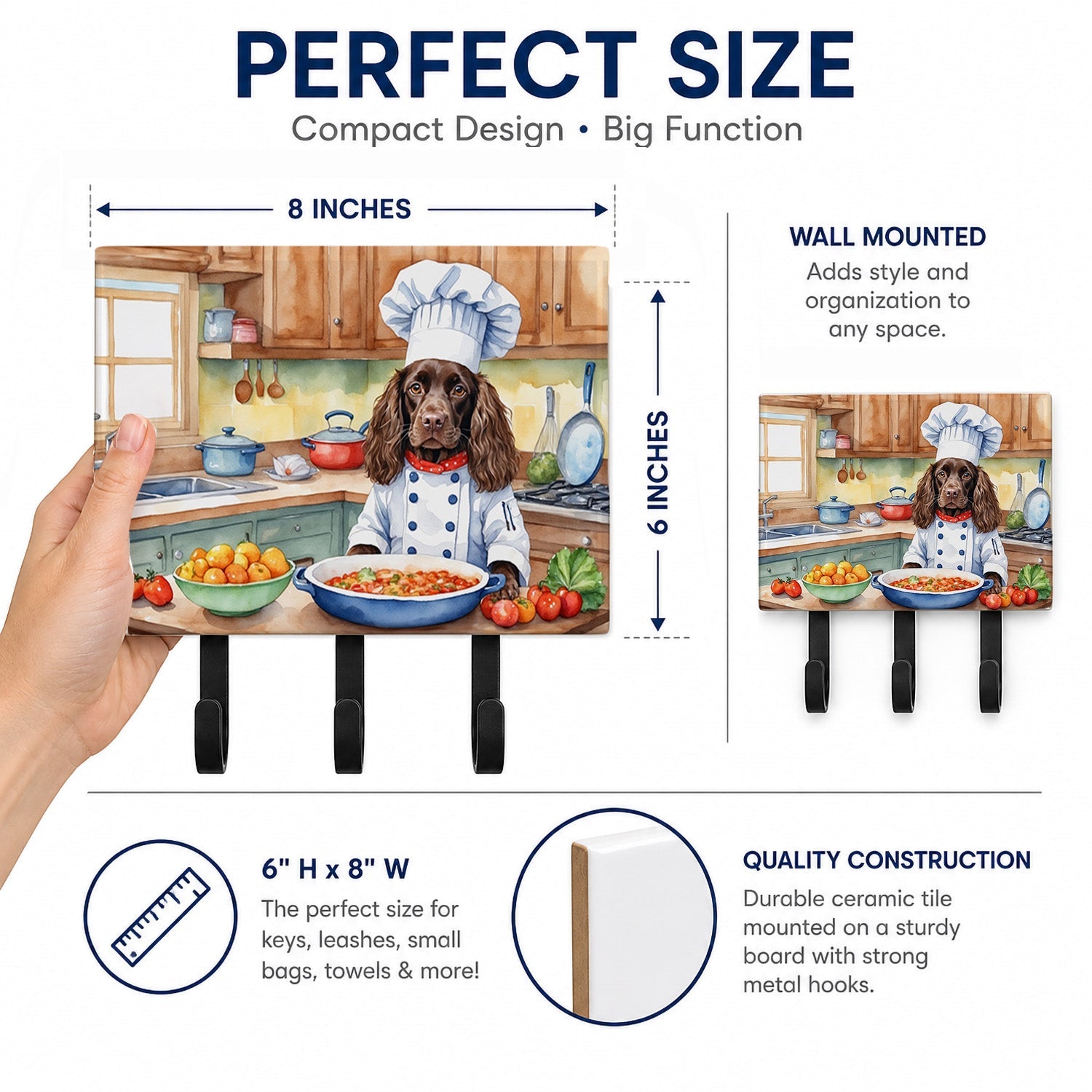 Boykin Spaniel The Chef Leash or Key Holder Wall Hooks, Coat Rack Wall Mount, for Hanging Keys, Towels, Aprons, Leashes