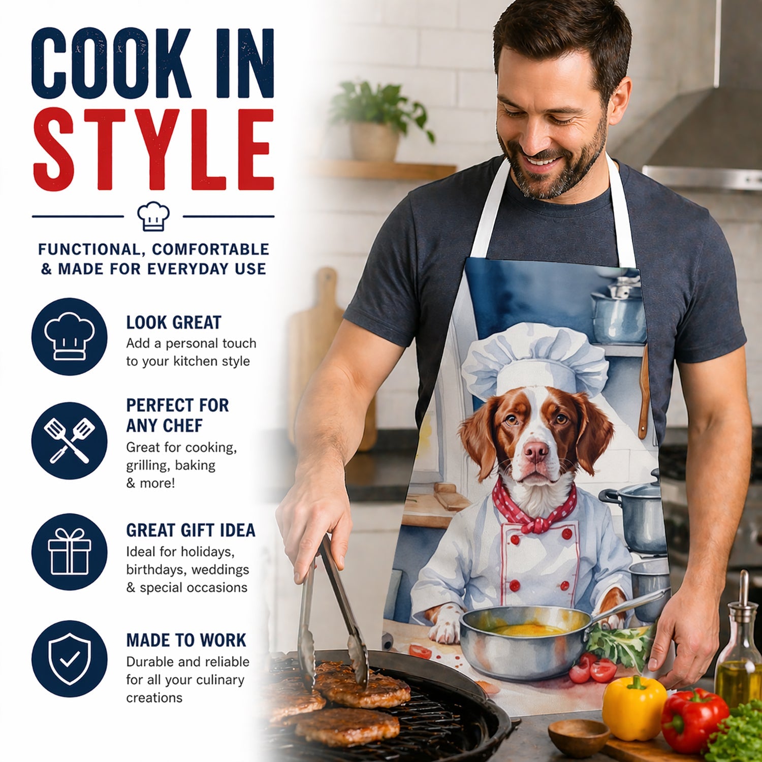 Brittany Spaniel The Chef Apron Cooking Kitchen Server Baking Crafts Gardening for Adult Women Men, Unisex, Large, Multicolor