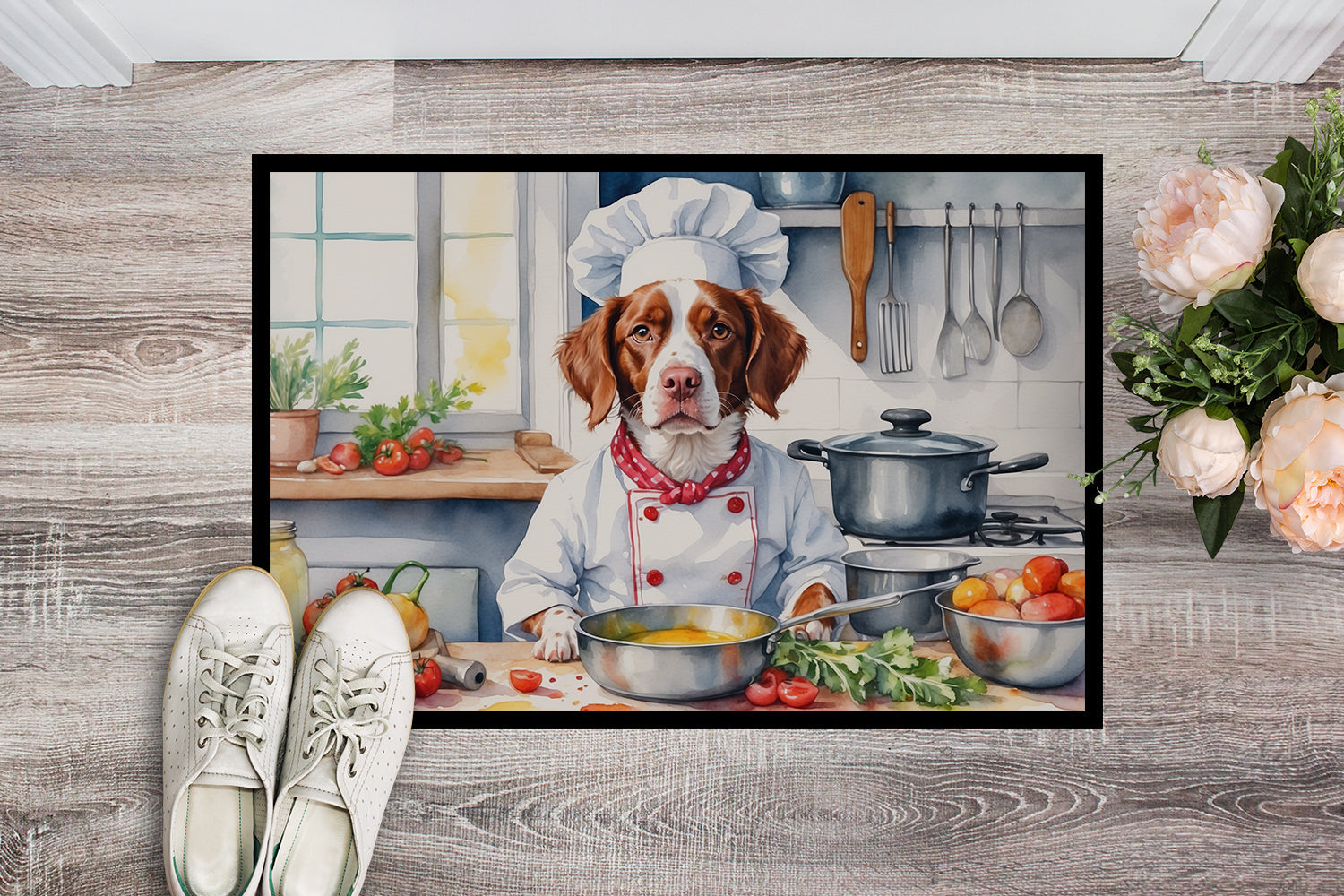 Brittany Spaniel The Chef Doormat Indoor Outdoor 24H X 36W Front Door Mat Rugs for Entryway, Non Slip Washable Low Pile,
