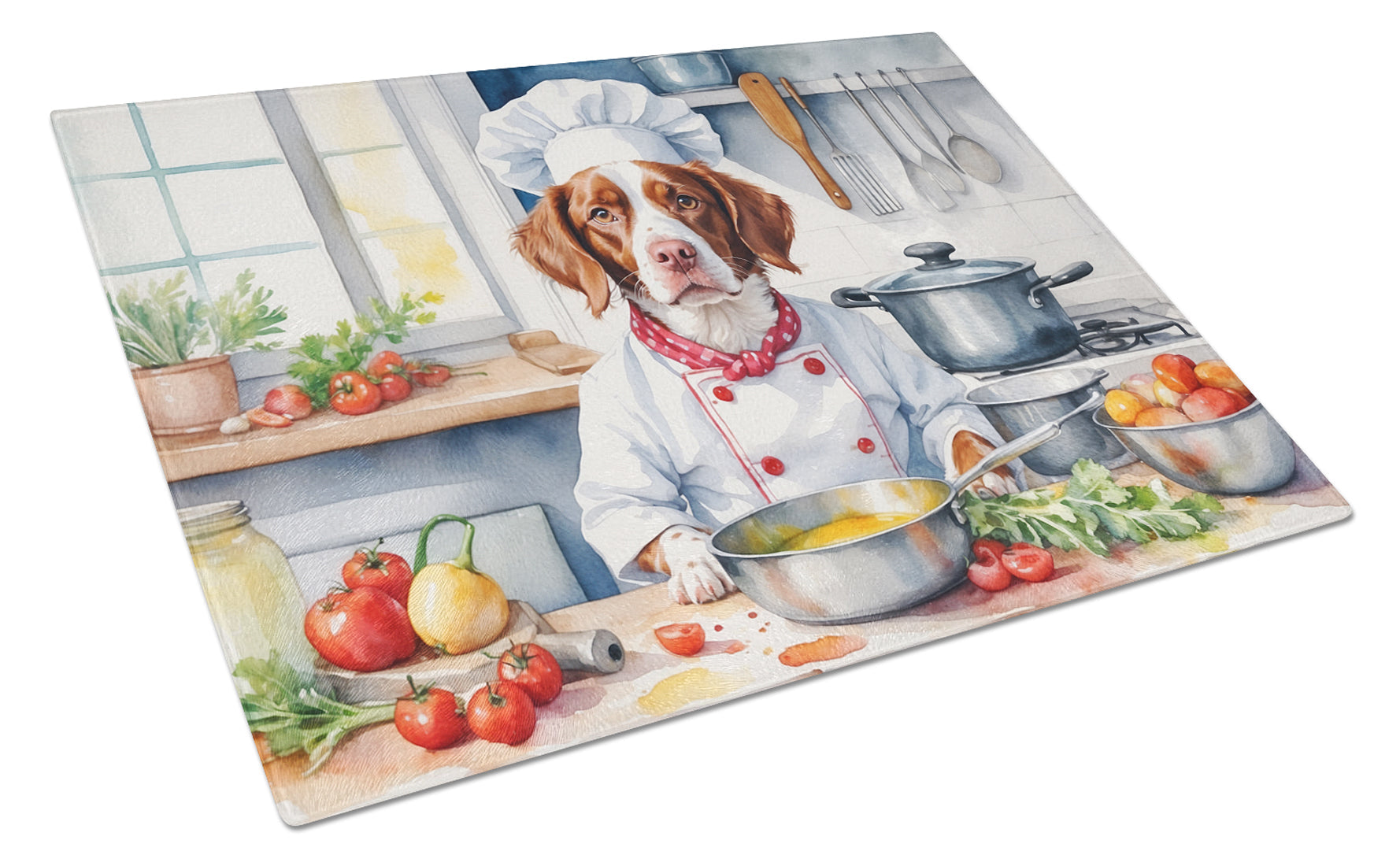 Brittany Spaniel The Chef Cutting Board Tempered Glass Kitchen Cutting Surface, Heat Resistant Chopping, Non-Slip Feet, Food Prep & Serving