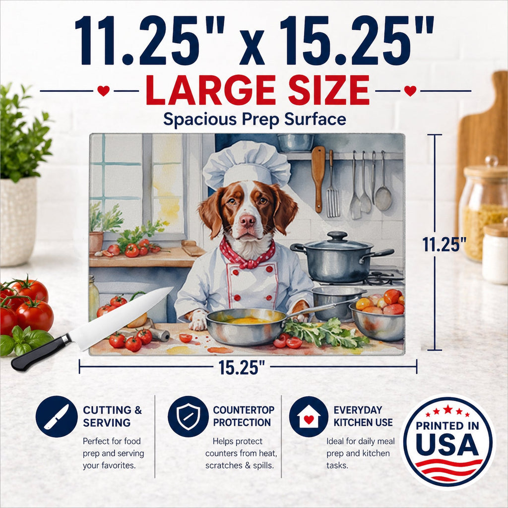 Brittany Spaniel The Chef Cutting Board Tempered Glass Kitchen Cutting Surface, Heat Resistant Chopping, Non-Slip Feet, Food Prep & Serving