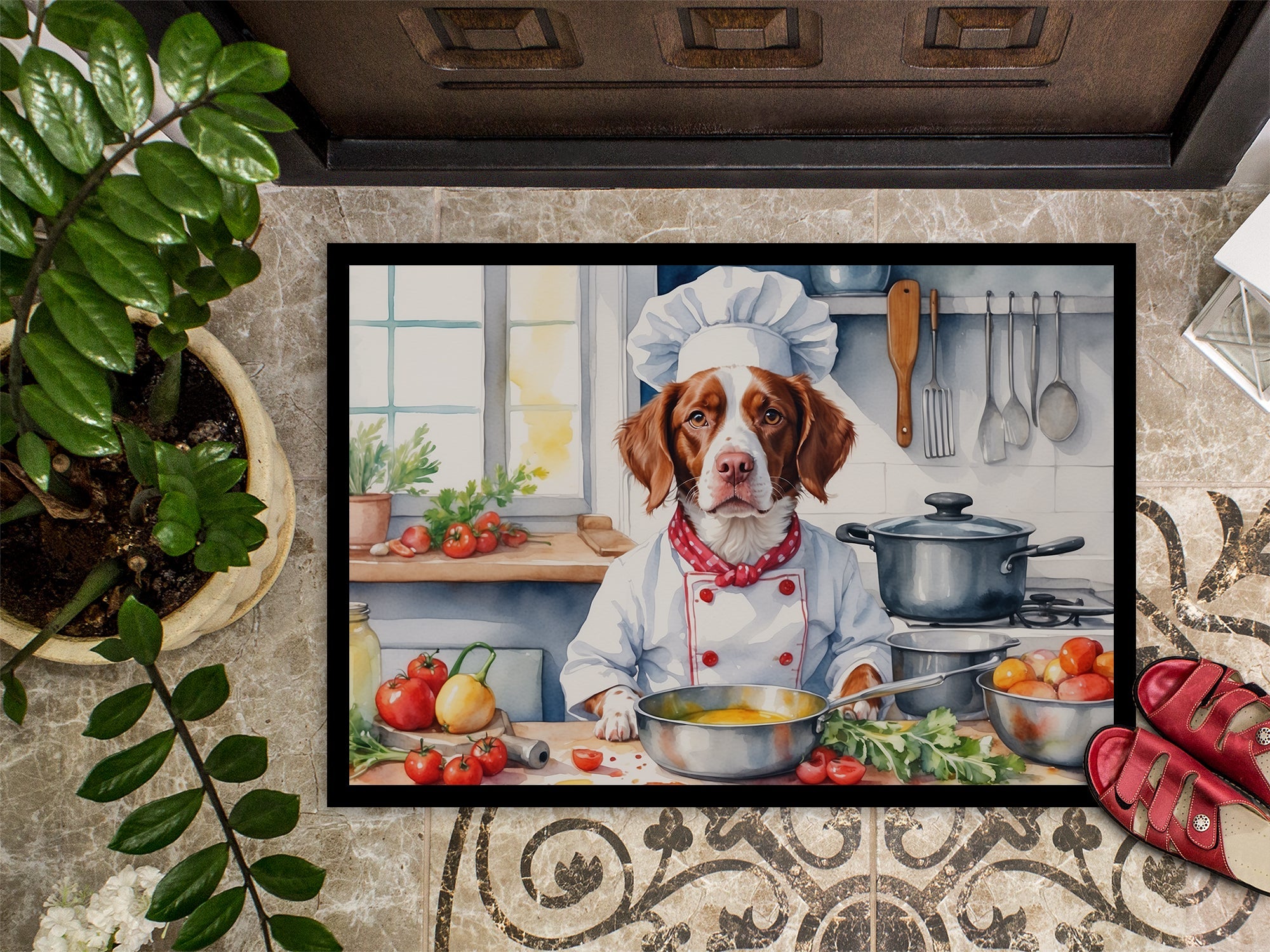 Brittany Spaniel The Chef Doormat Indoor Outdoor 18H X 27W Front Door Mat Rugs for Entryway, Non Slip Washable
