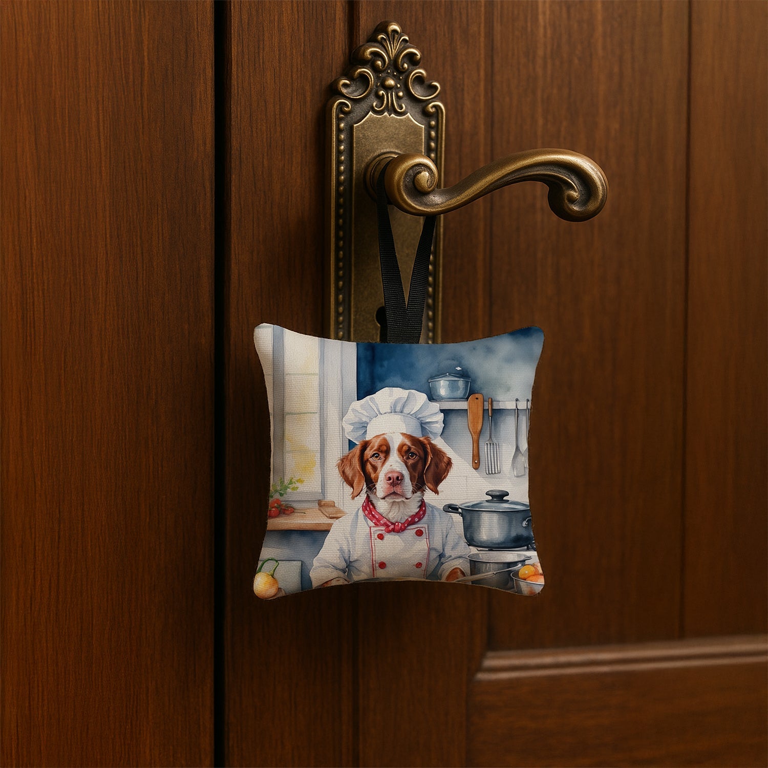 Brittany Spaniel The Chef Hanging Square Fabric Ornament 3.5 × 3.5 Decorative Door-Knob & Tree Hanger, Soft Fabric