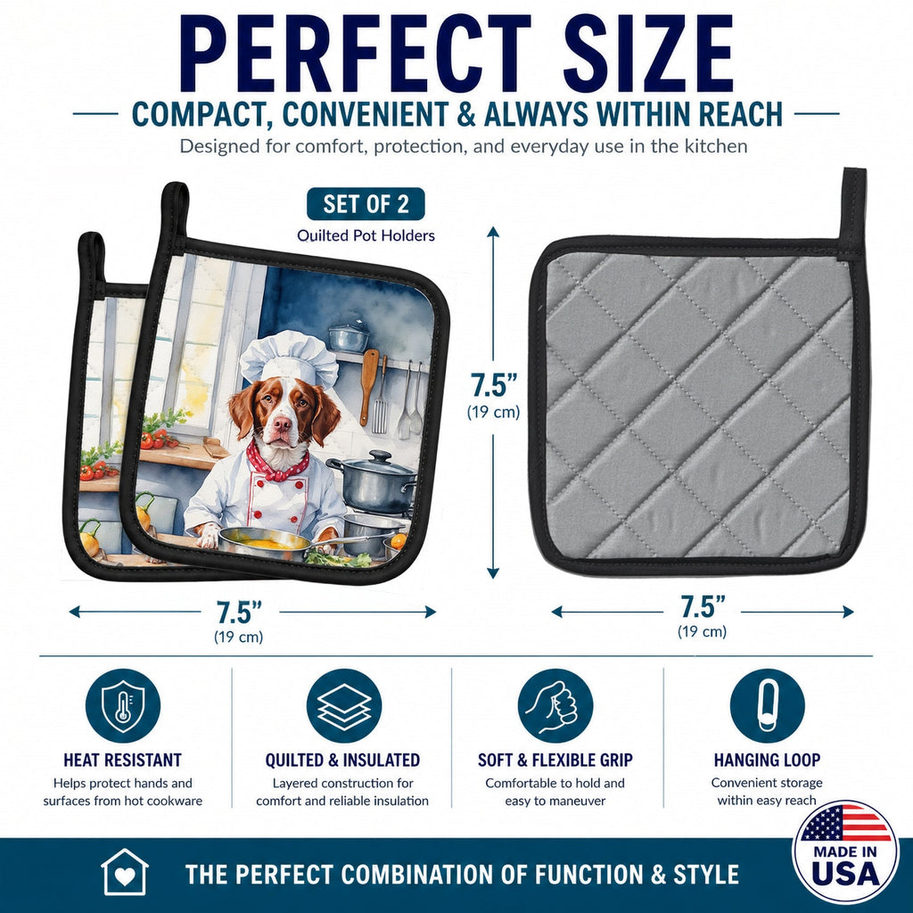 Brittany Spaniel The Chef Pot Holder Set of 2 Heat Resistant Quilted Hot Pads 7.5 x 7.5 Inch, Insulated Kitchen Trivets for Cooking & Baking