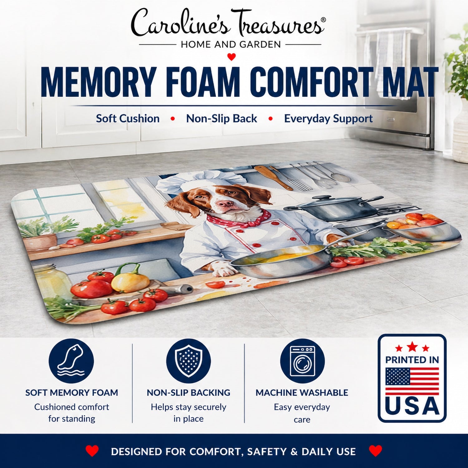 Brittany Spaniel The Chef Memory Foam Kitchen Mat Machine Washable Anti-Fatigue Cushion Comfort Bath or Kitchen Rug