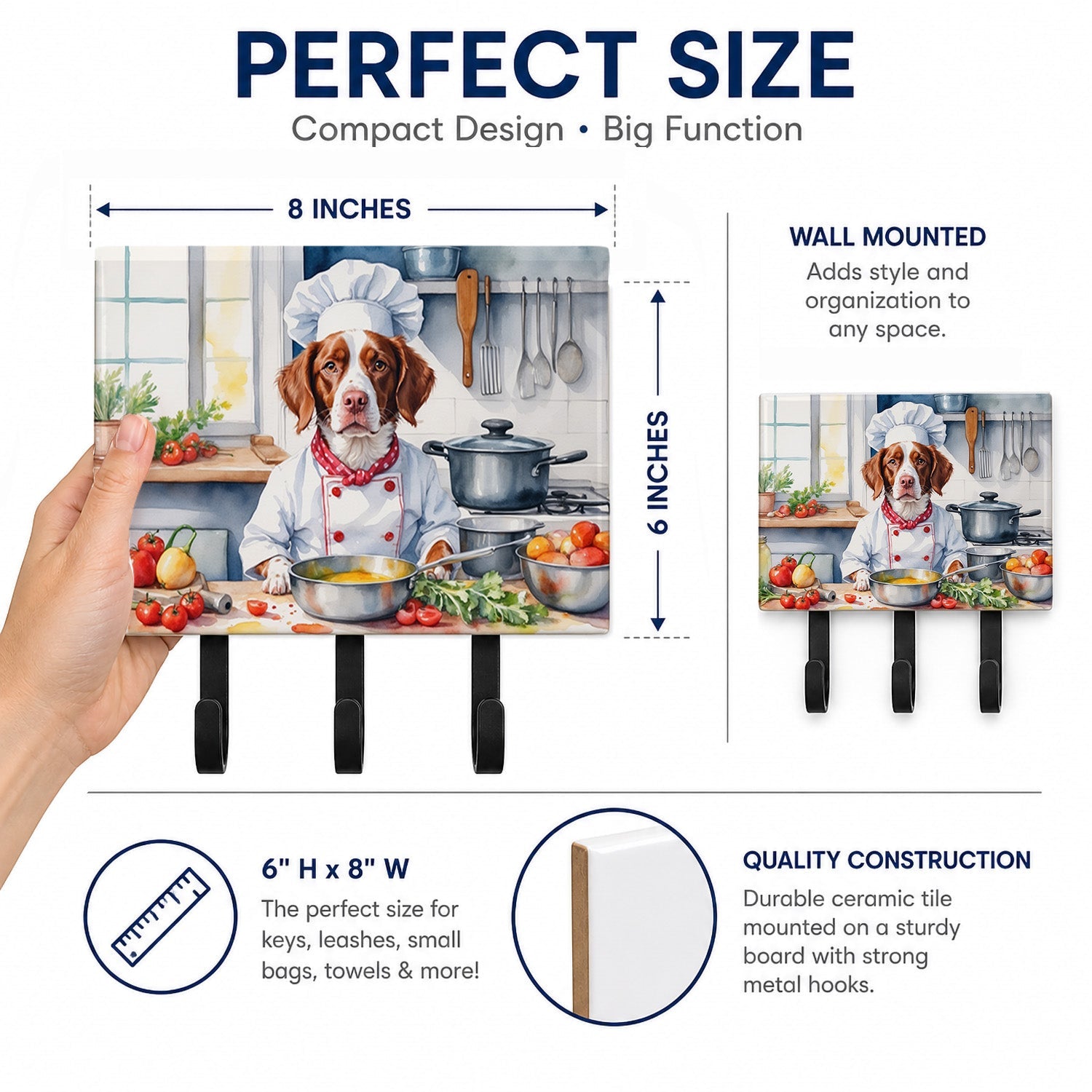 Brittany Spaniel The Chef Leash or Key Holder Wall Hooks, Coat Rack Wall Mount, for Hanging Keys, Towels, Aprons, Leashes