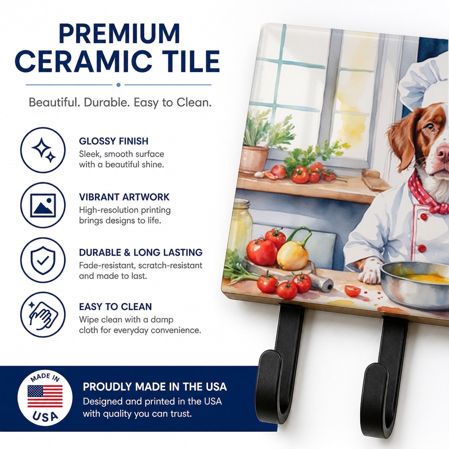 Brittany Spaniel The Chef Leash or Key Holder Wall Hooks, Coat Rack Wall Mount, for Hanging Keys, Towels, Aprons, Leashes