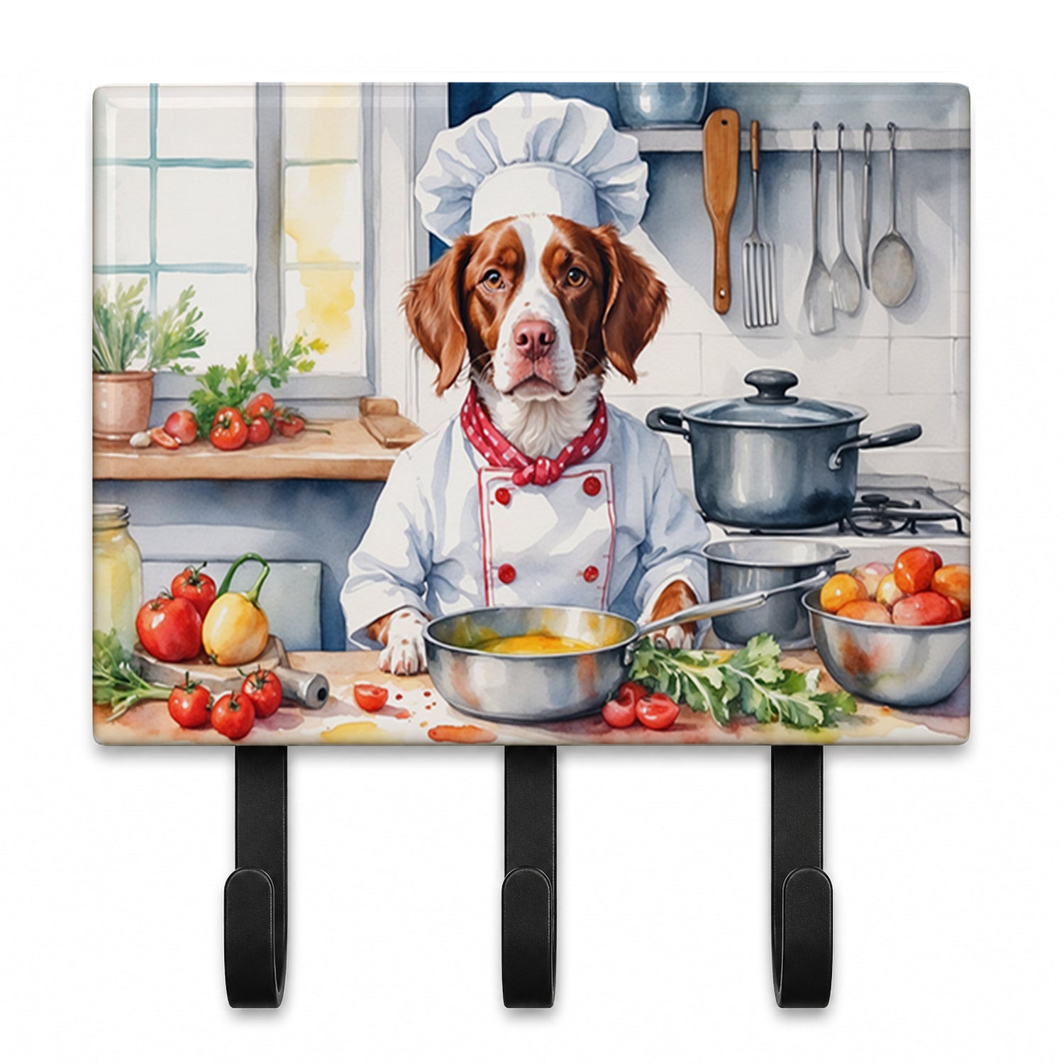 Brittany Spaniel The Chef Leash or Key Holder Wall Hooks, Coat Rack Wall Mount, for Hanging Keys, Towels, Aprons, Leashes