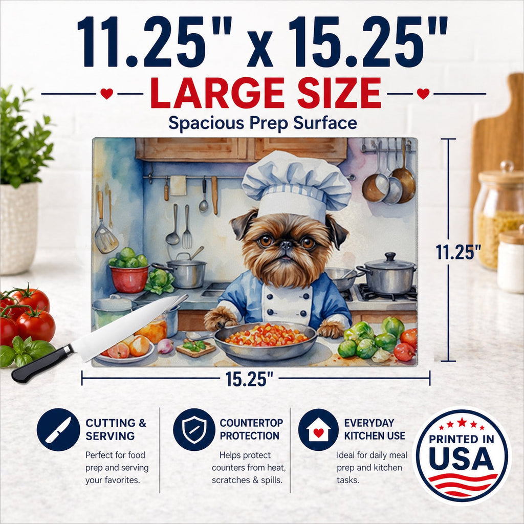 Brussels Griffon The Chef Cutting Board Tempered Glass Kitchen Cutting Surface, Heat Resistant Chopping, Non-Slip Feet, Food Prep & Serving