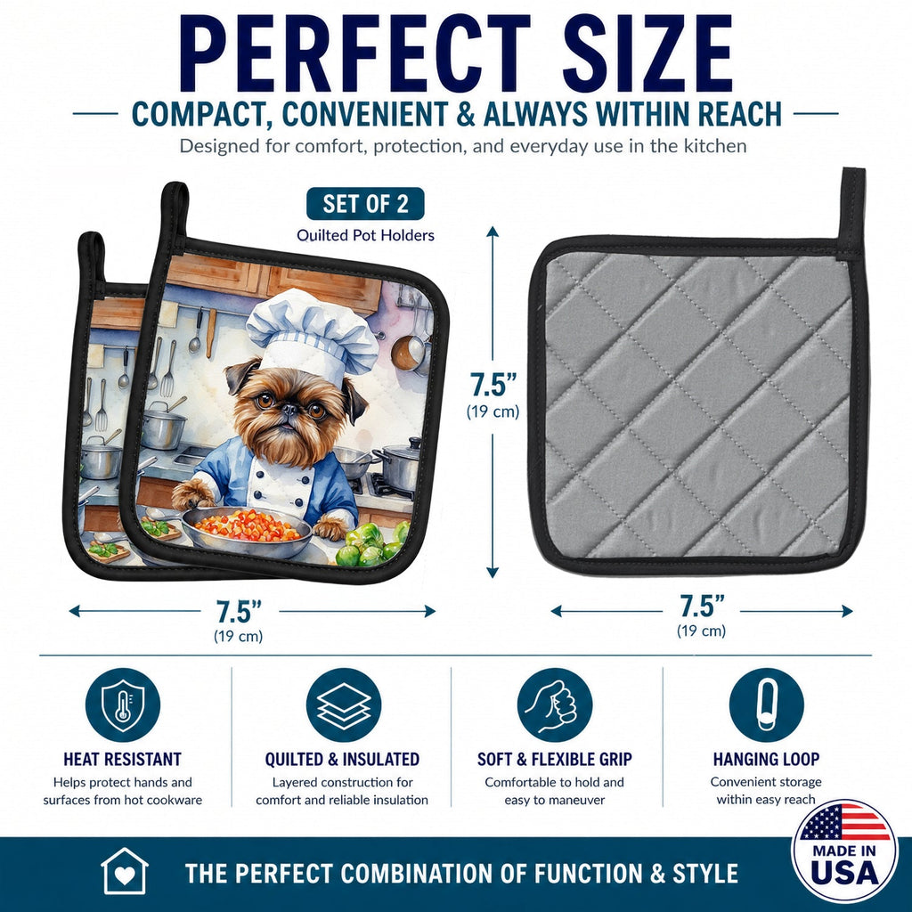 Brussels Griffon The Chef Pot Holder Set of 2 Heat Resistant Quilted Hot Pads 7.5 x 7.5 Inch, Insulated Kitchen Trivets for Cooking & Baking