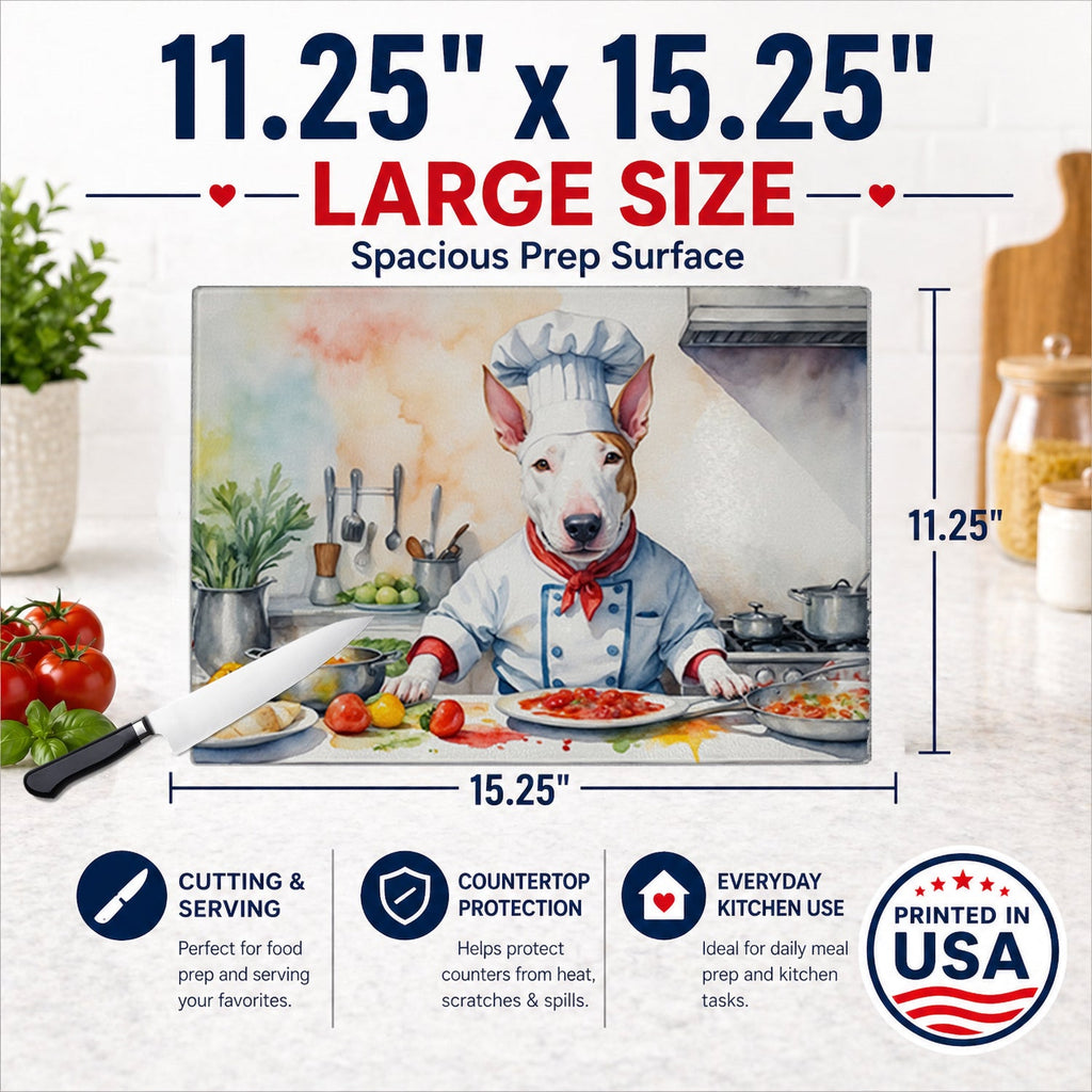 Bull Terrier The Chef Cutting Board Tempered Glass Kitchen Cutting Surface, Heat Resistant Chopping, Non-Slip Feet, Food Prep & Serving