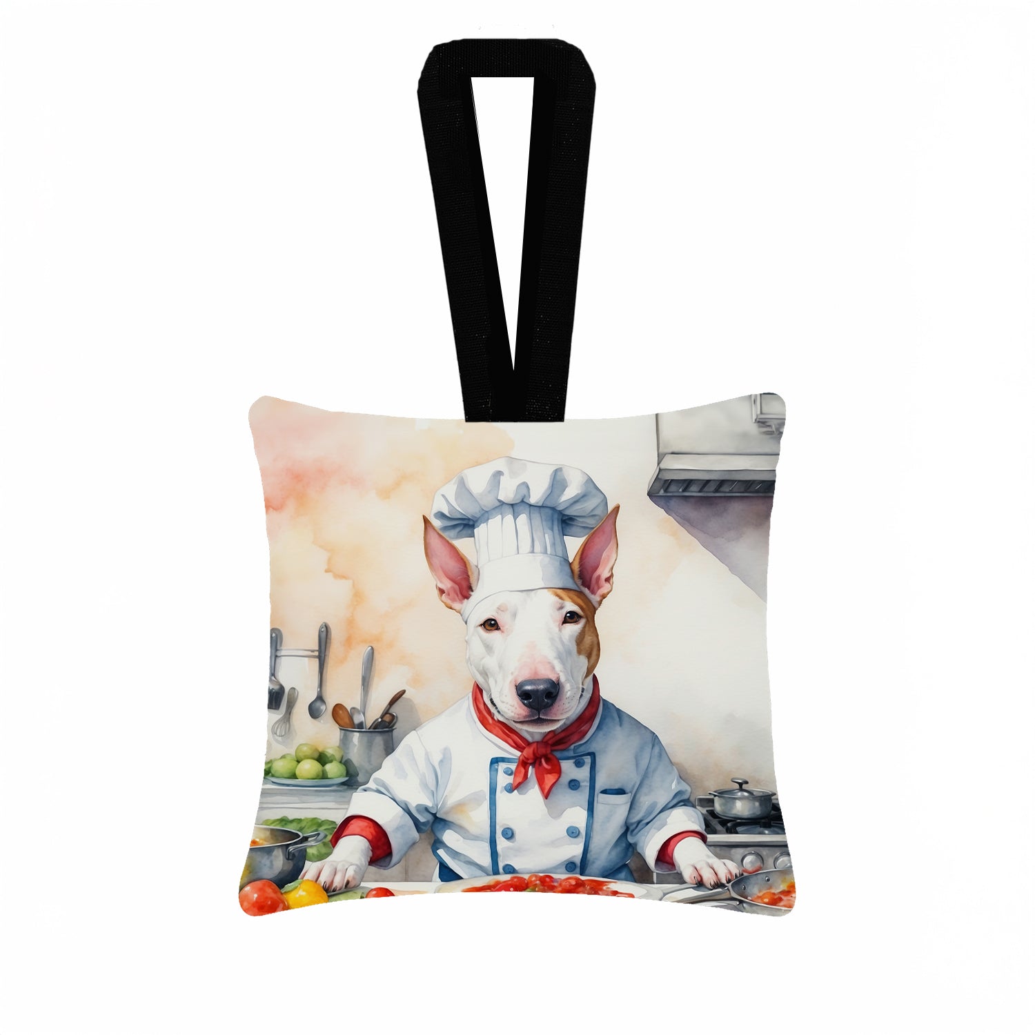 Bull Terrier The Chef Hanging Square Fabric Ornament 3.5 × 3.5 Decorative Door-Knob & Tree Hanger, Soft Fabric