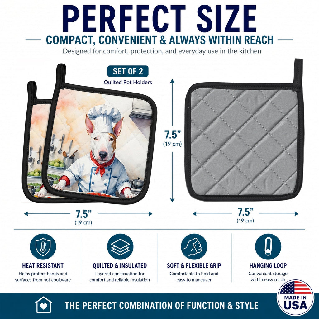 Bull Terrier The Chef Pot Holder Set of 2 Heat Resistant Quilted Hot Pads 7.5 x 7.5 Inch, Insulated Kitchen Trivets for Cooking & Baking