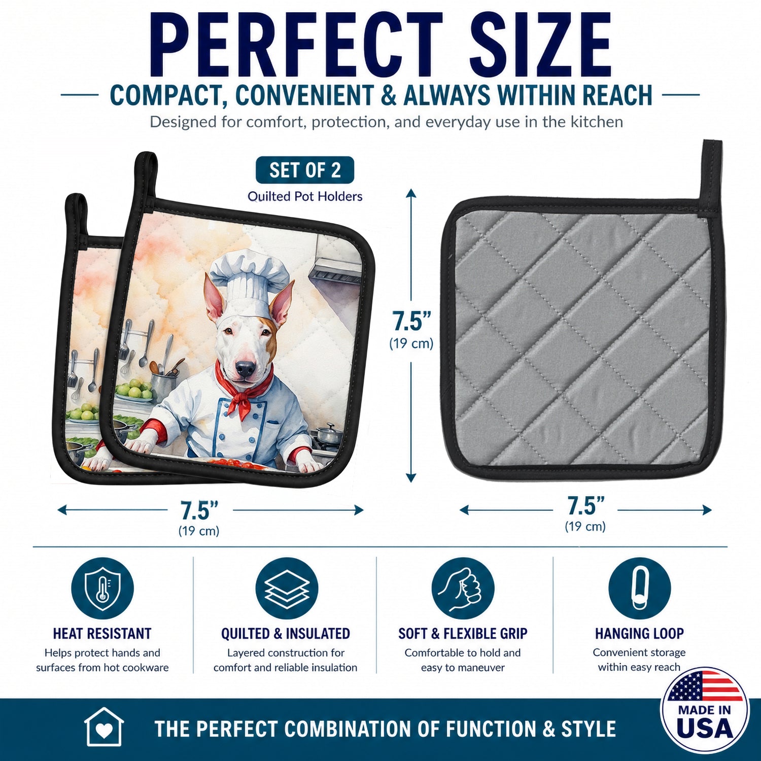 Bull Terrier The Chef Pot Holder Set of 2 Heat Resistant Quilted Hot Pads 7.5 x 7.5 Inch, Insulated Kitchen Trivets for Cooking & Baking