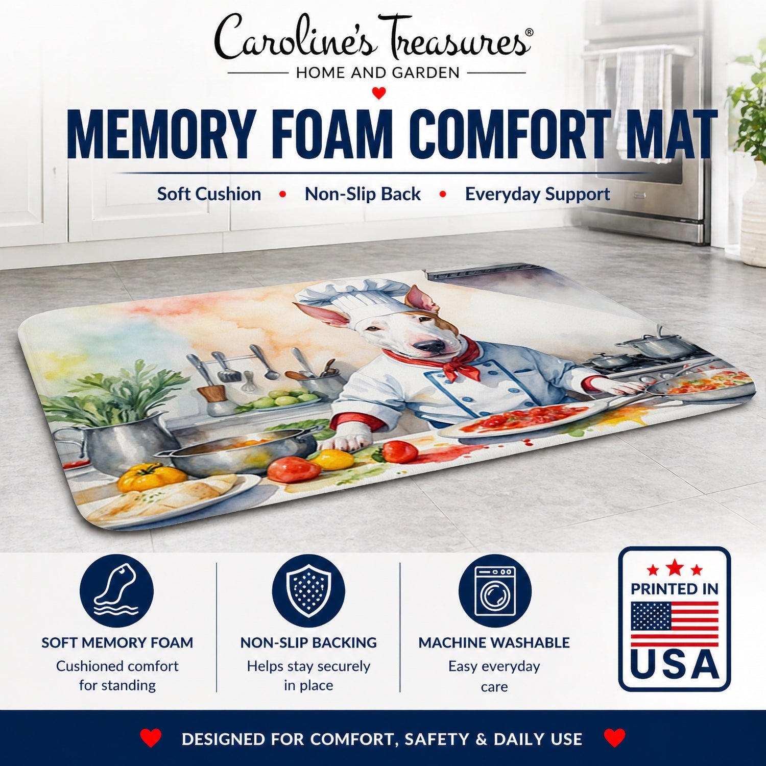 Bull Terrier The Chef Memory Foam Kitchen Mat Machine Washable Anti-Fatigue Cushion Comfort Bath or Kitchen Rug