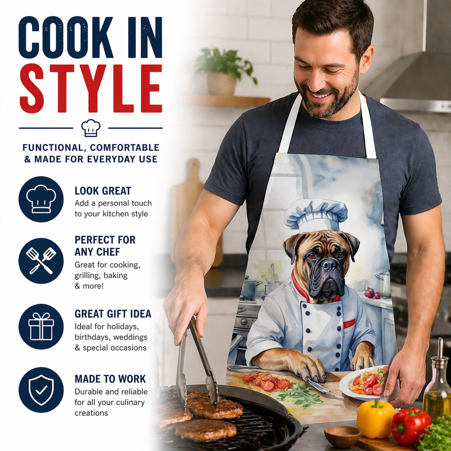 Bullmastiff The Chef Apron Cooking Kitchen Server Baking Crafts Gardening for Adult Women Men, Unisex, Large, Multicolor