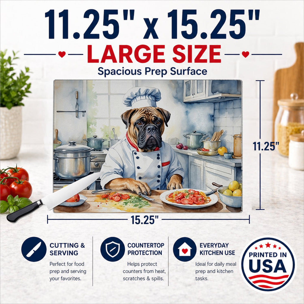 Bullmastiff The Chef Cutting Board Tempered Glass Kitchen Cutting Surface, Heat Resistant Chopping, Non-Slip Feet, Food Prep & Serving