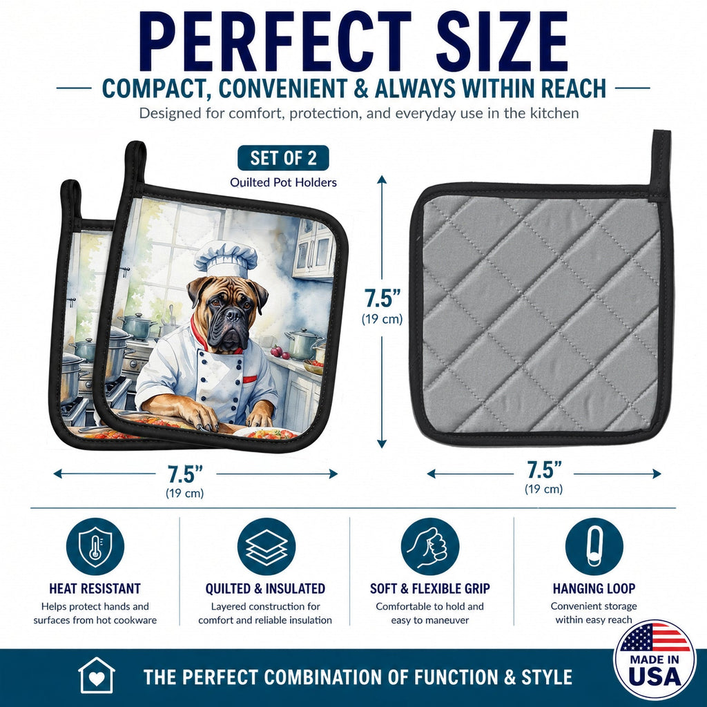 Bullmastiff The Chef Pot Holder Set of 2 Heat Resistant Quilted Hot Pads 7.5 x 7.5 Inch, Insulated Kitchen Trivets for Cooking & Baking