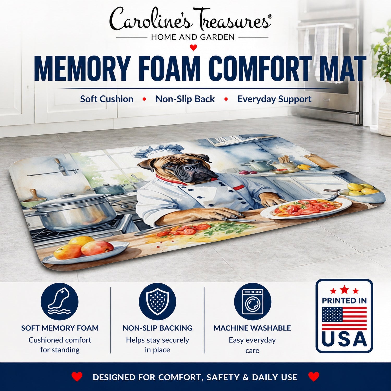 Bullmastiff The Chef Memory Foam Kitchen Mat Machine Washable Anti-Fatigue Cushion Comfort Bath or Kitchen Rug