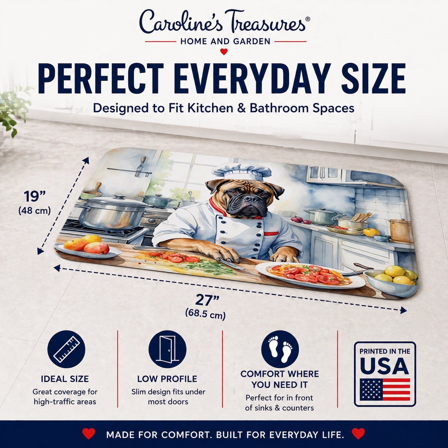 Bullmastiff The Chef Memory Foam Kitchen Mat Machine Washable Anti-Fatigue Cushion Comfort Bath or Kitchen Rug