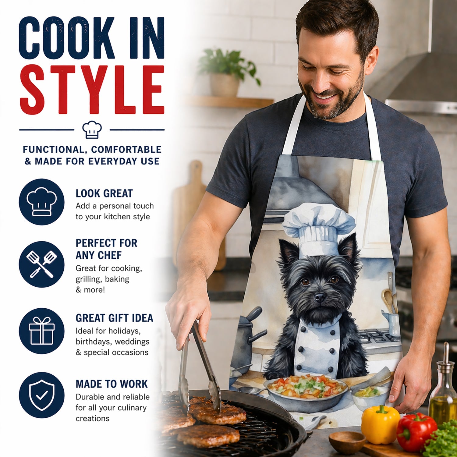 Cairn Terrier The Chef Apron Cooking Kitchen Server Baking Crafts Gardening for Adult Women Men, Unisex, Large, Multicolor