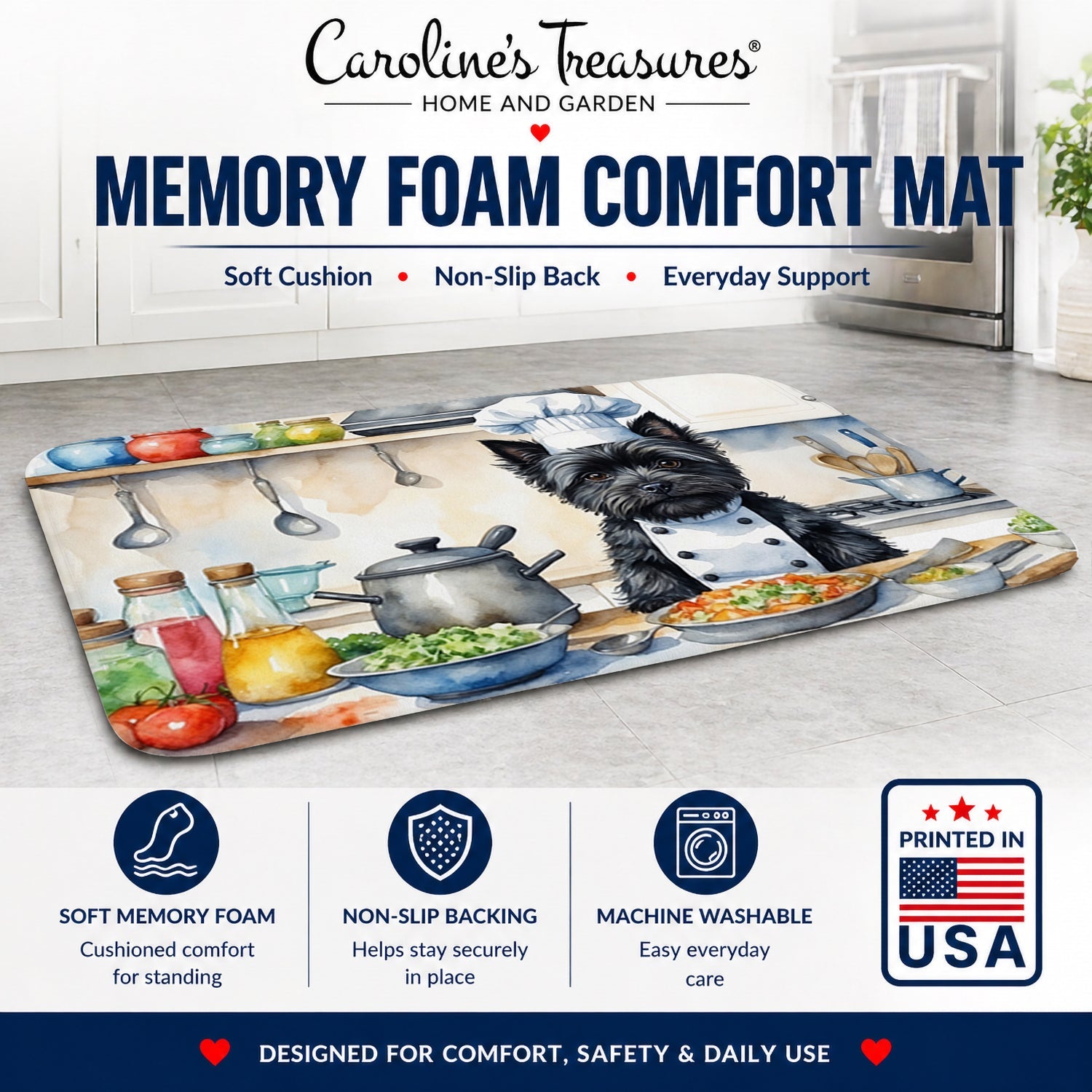Cairn Terrier The Chef Memory Foam Kitchen Mat Machine Washable Anti-Fatigue Cushion Comfort Bath or Kitchen Rug