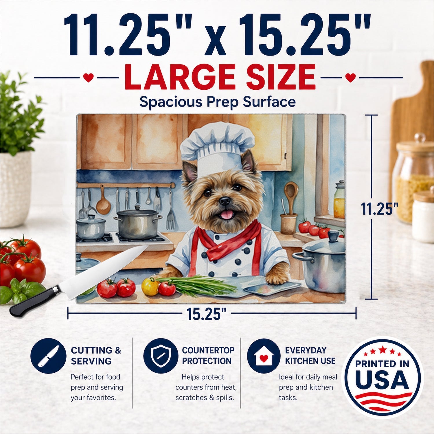 Cairn Terrier The Chef Cutting Board Tempered Glass Kitchen Cutting Surface, Heat Resistant Chopping, Non-Slip Feet, Food Prep & Serving