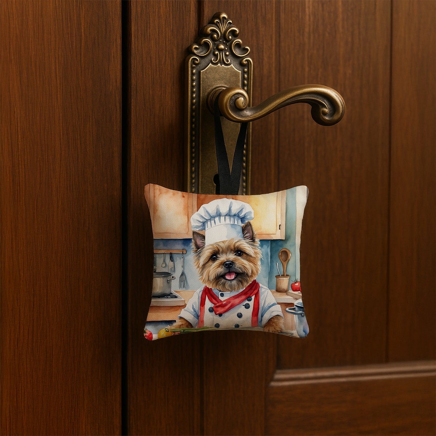 Cairn Terrier The Chef Hanging Square Fabric Ornament 3.5 × 3.5 Decorative Door-Knob & Tree Hanger, Soft Fabric