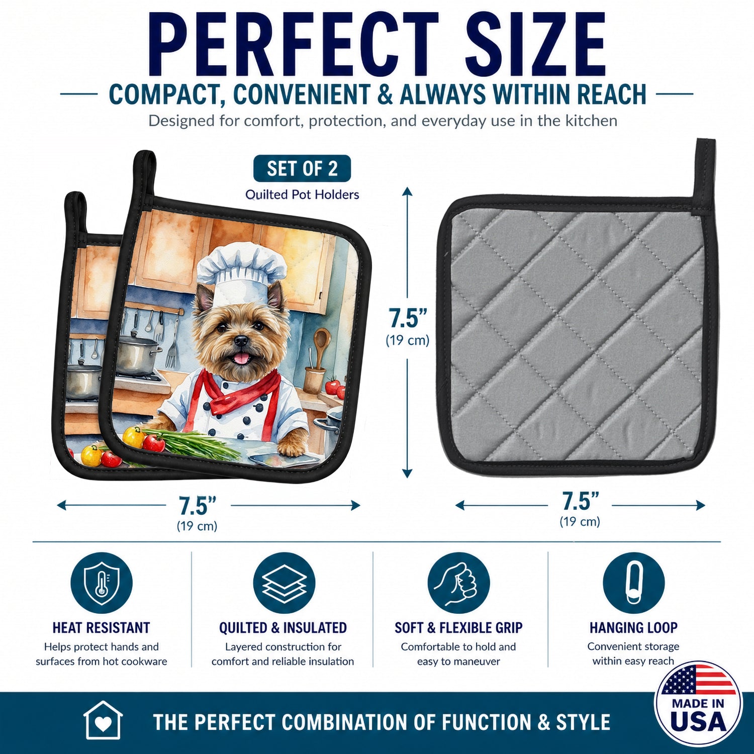 Cairn Terrier The Chef Pot Holder Set of 2 Heat Resistant Quilted Hot Pads 7.5 x 7.5 Inch, Insulated Kitchen Trivets for Cooking & Baking