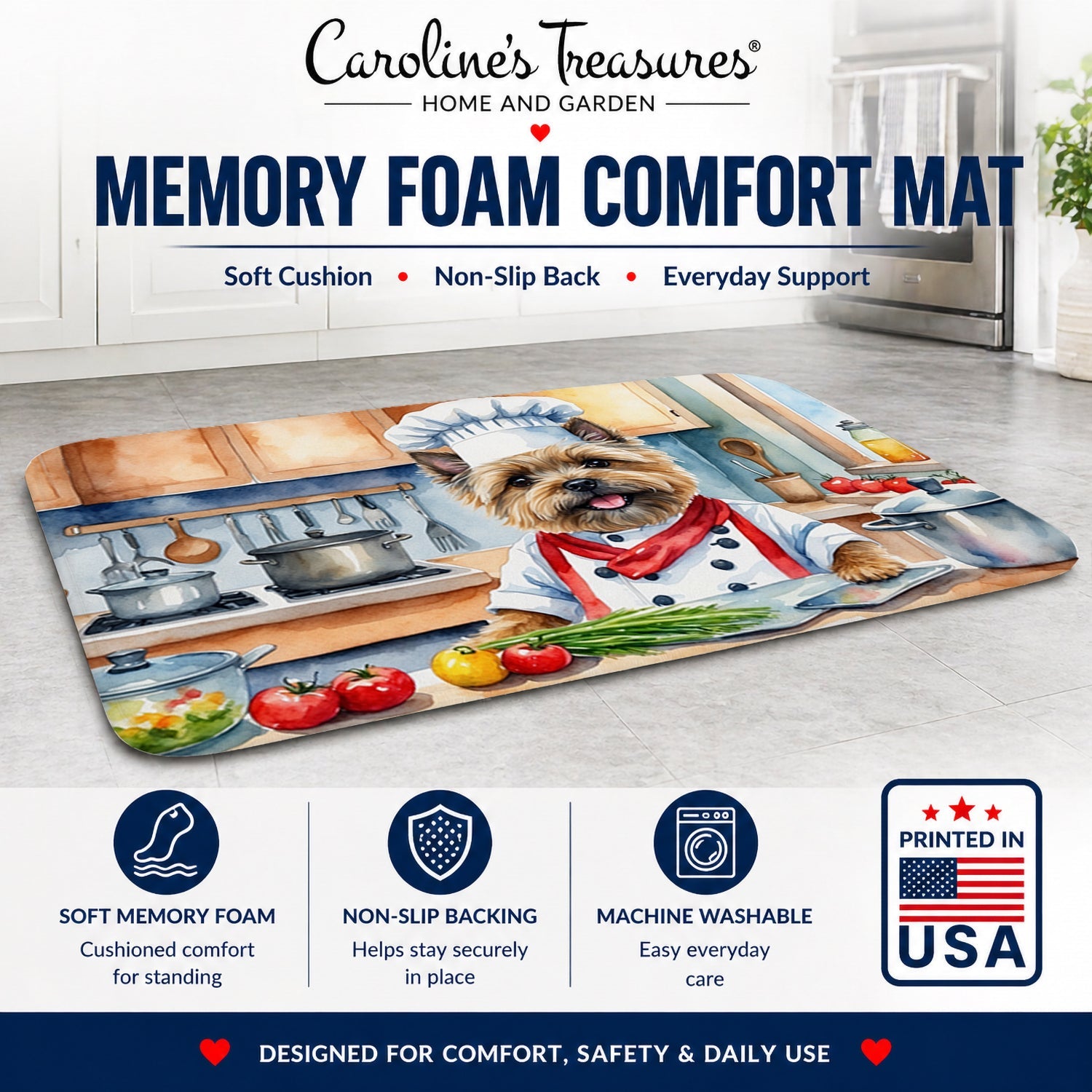 Cairn Terrier The Chef Memory Foam Kitchen Mat Machine Washable Anti-Fatigue Cushion Comfort Bath or Kitchen Rug