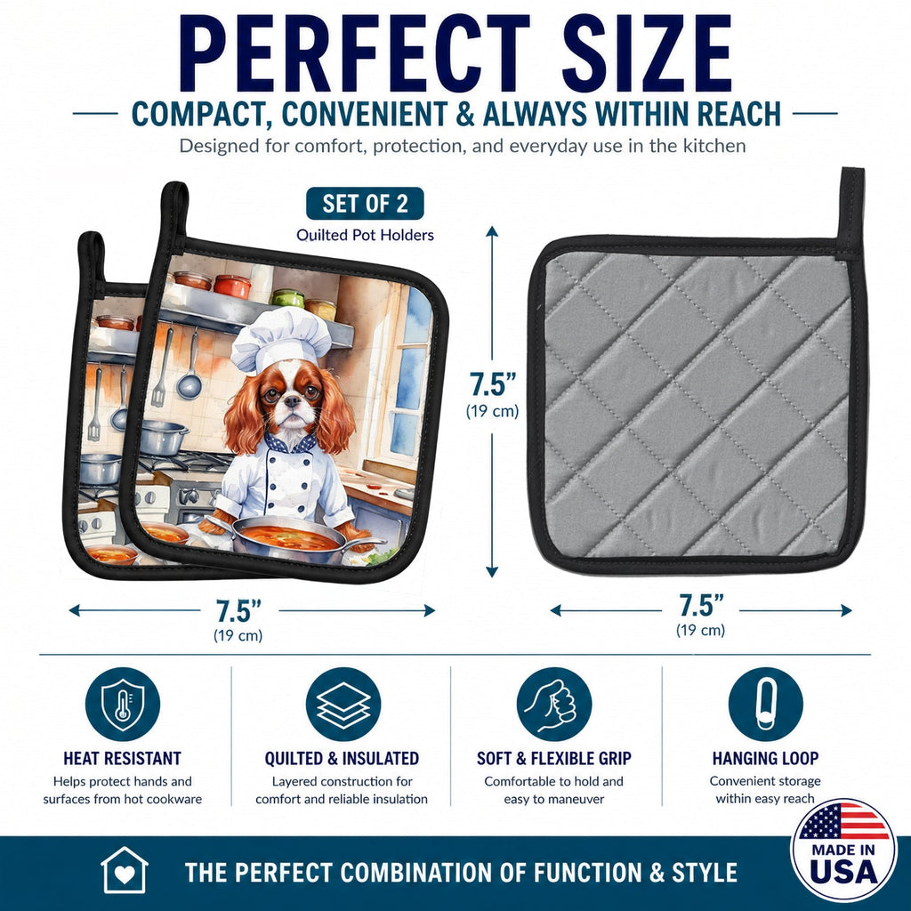 Cavalier Spaniel The Chef Pot Holder Set of 2 Heat Resistant Quilted Hot Pads 7.5 x 7.5 Inch, Insulated Kitchen Trivets for Cooking & Baking