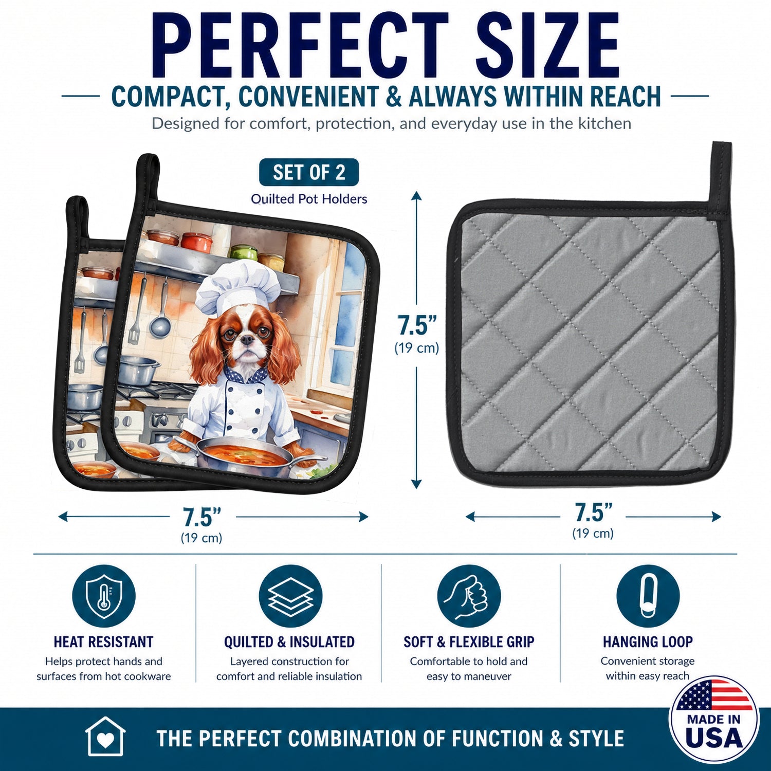 Cavalier Spaniel The Chef Pot Holder Set of 2 Heat Resistant Quilted Hot Pads 7.5 x 7.5 Inch, Insulated Kitchen Trivets for Cooking & Baking