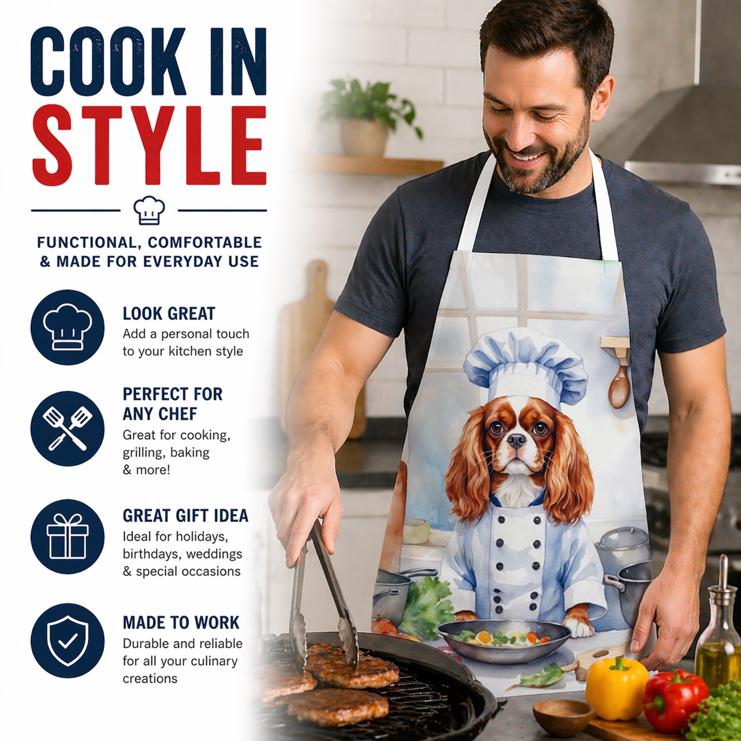Cavalier Spaniel The Chef Apron Cooking Kitchen Server Baking Crafts Gardening for Adult Women Men, Unisex, Large, Multicolor